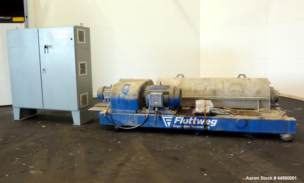 Used Flottweg Z53-4/454 Solid Bowl Horizontal Decanter Centrifuge. 2250 Stainless steel construction (product contact areas), max bowl speed 3250 rpm, single lead conveyor, gearbox, feed pipe, lubric...