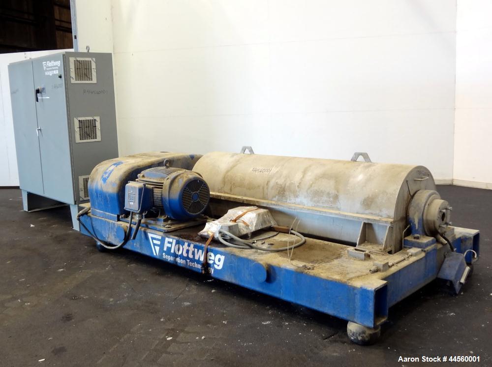 Used Flottweg Z53-4/454 Solid Bowl Horizontal Decanter Centrifuge. 2250 Stainless steel construction (product contact areas), max bowl speed 3250 rpm, single lead conveyor, gearbox, feed pipe, lubric...