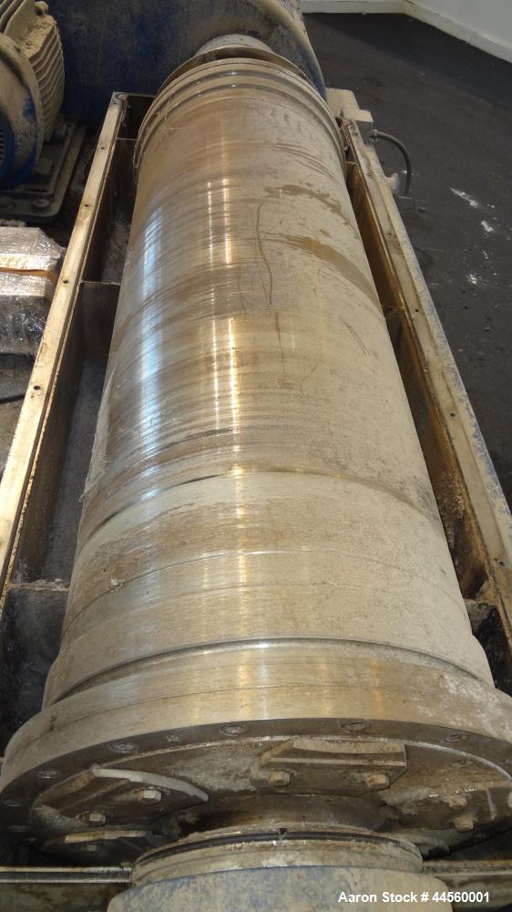 Used Flottweg Z53-4/454 Solid Bowl Horizontal Decanter Centrifuge. 2250 Stainless steel construction (product contact areas), max bowl speed 3250 rpm, single lead conveyor, gearbox, feed pipe, lubric...