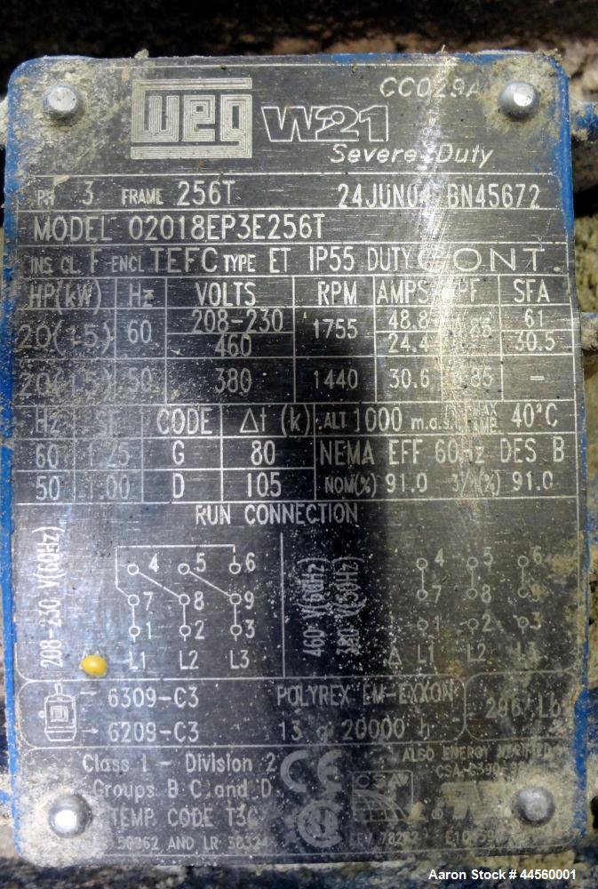 Used Flottweg Z53-4/454 Solid Bowl Horizontal Decanter Centrifuge. 2250 Stainless steel construction (product contact areas), max bowl speed 3250 rpm, single lead conveyor, gearbox, feed pipe, lubric...