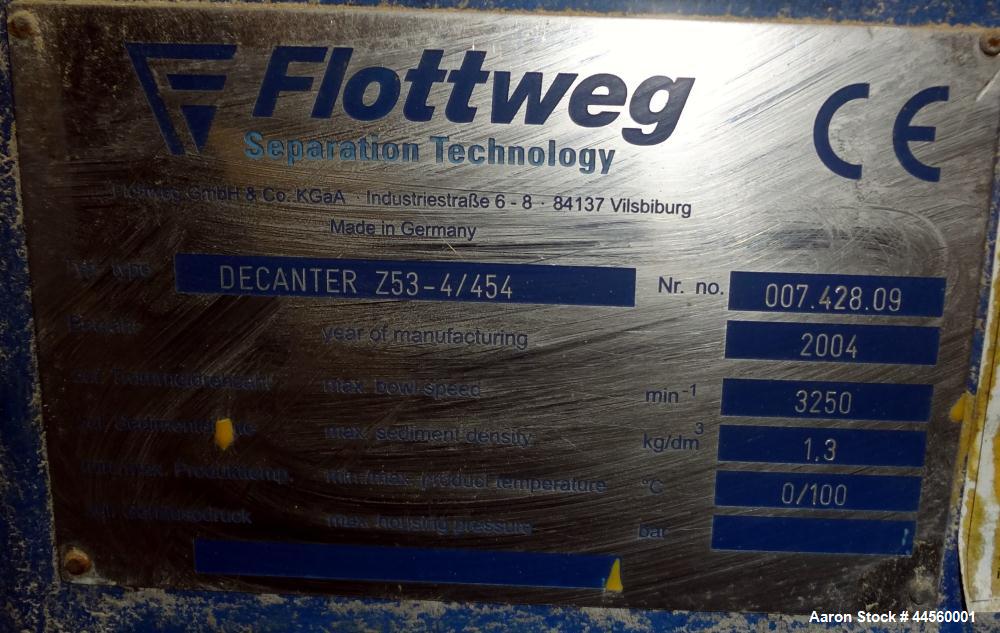 Used Flottweg Z53-4/454 Solid Bowl Horizontal Decanter Centrifuge. 2250 Stainless steel construction (product contact areas), max bowl speed 3250 rpm, single lead conveyor, gearbox, feed pipe, lubric...