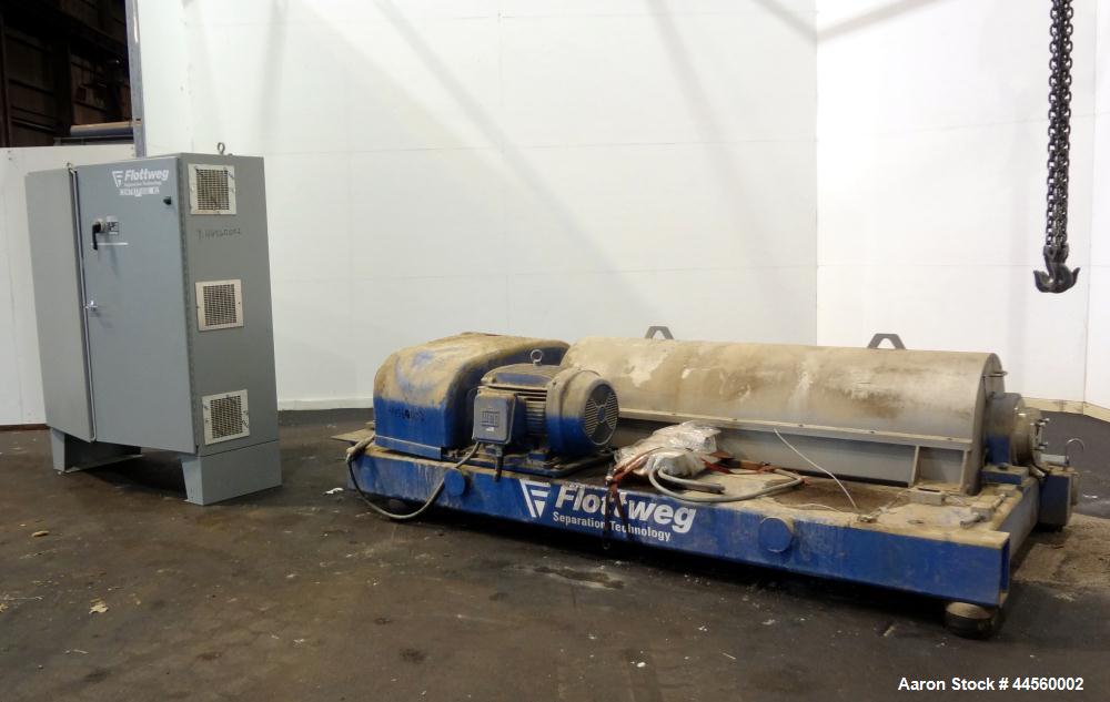 Used Flottweg Z53-4/454 Solid Bowl Horizontal Decanter Centrifuge. 2205 Stainless steel construction (product contact areas), max bowl speed 3250 rpm, single lead conveyor, gearbox, feed pipe, lubric...