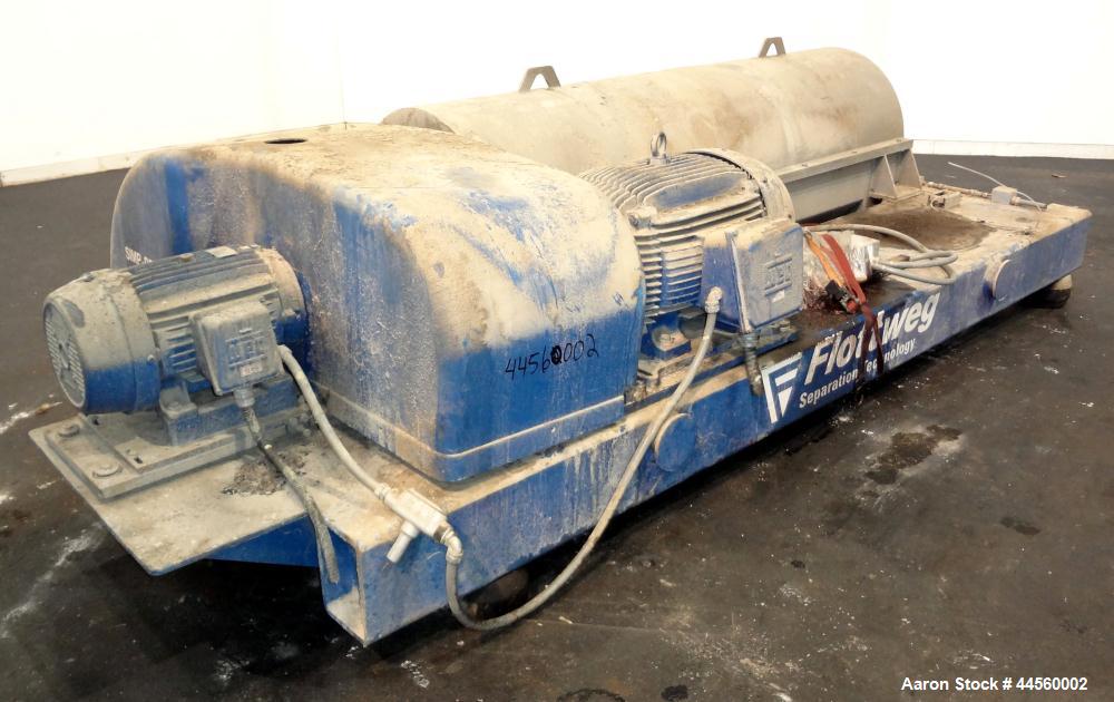 Used Flottweg Z53-4/454 Solid Bowl Horizontal Decanter Centrifuge. 2205 Stainless steel construction (product contact areas), max bowl speed 3250 rpm, single lead conveyor, gearbox, feed pipe, lubric...