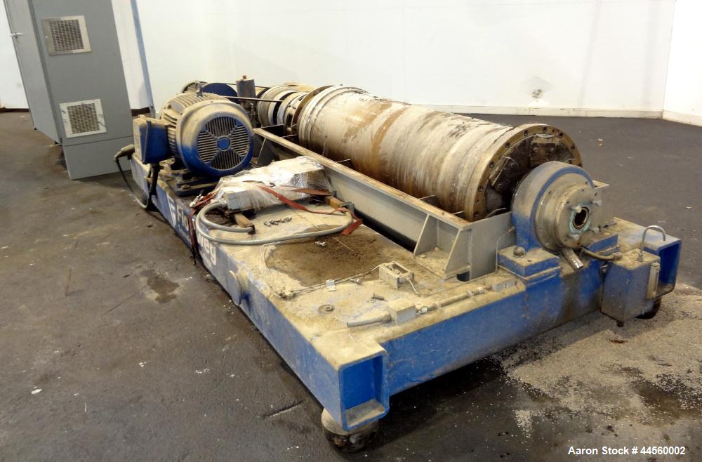 Used Flottweg Z53-4/454 Solid Bowl Horizontal Decanter Centrifuge. 2205 Stainless steel construction (product contact areas), max bowl speed 3250 rpm, single lead conveyor, gearbox, feed pipe, lubric...