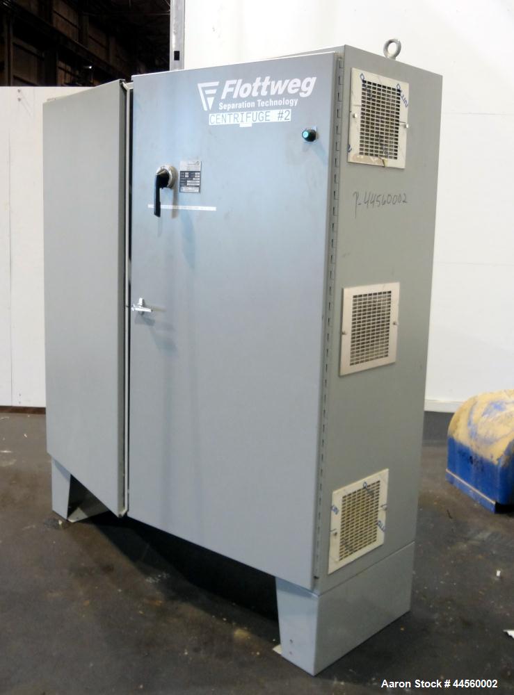 Used Flottweg Z53-4/454 Solid Bowl Horizontal Decanter Centrifuge. 2205 Stainless steel construction (product contact areas), max bowl speed 3250 rpm, single lead conveyor, gearbox, feed pipe, lubric...