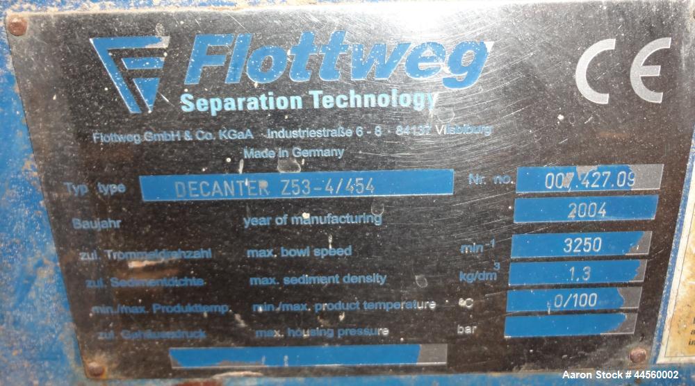 Used Flottweg Z53-4/454 Solid Bowl Horizontal Decanter Centrifuge. 2205 Stainless steel construction (product contact areas), max bowl speed 3250 rpm, single lead conveyor, gearbox, feed pipe, lubric...