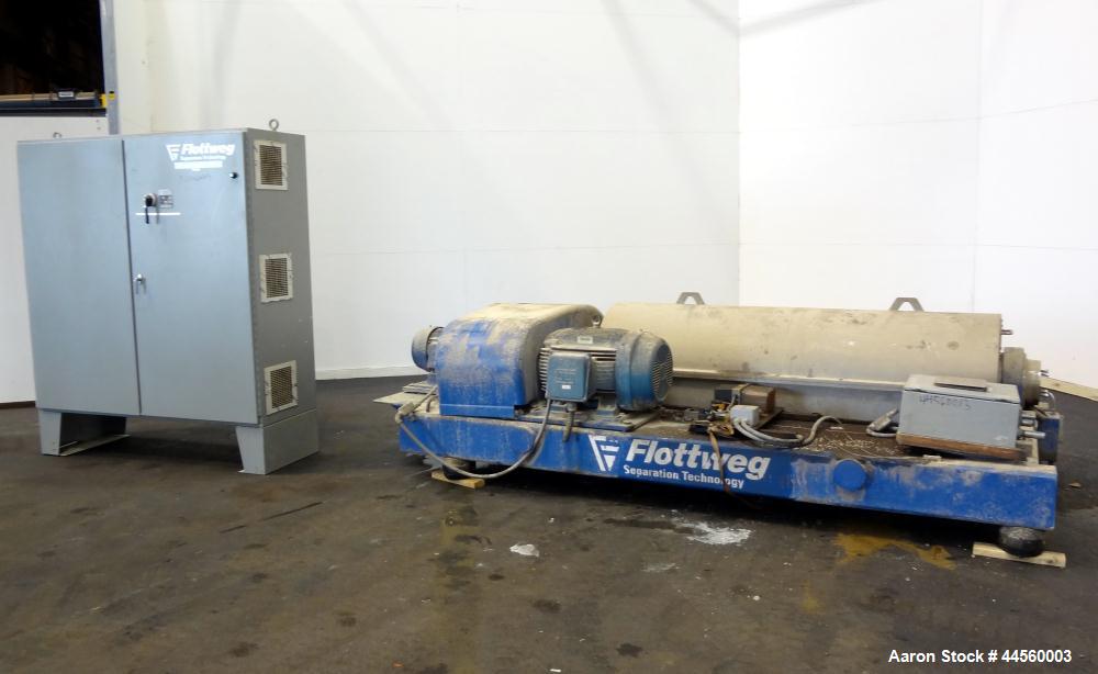 Used Flottweg Z53-4/454 Solid Bowl Horizontal Decanter Centrifuge. 2205 Stainless steel construction (product contact areas), max bowl speed 3250 rpm, single lead conveyor, gearbox, feed pipe, lubric...