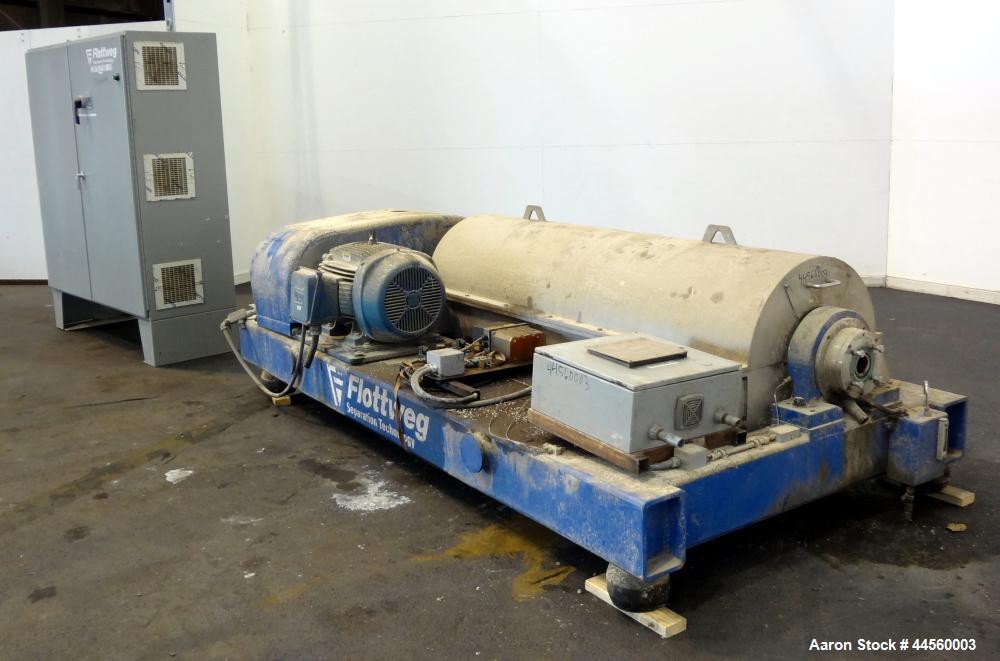 Used Flottweg Z53-4/454 Solid Bowl Horizontal Decanter Centrifuge. 2205 Stainless steel construction (product contact areas), max bowl speed 3250 rpm, single lead conveyor, gearbox, feed pipe, lubric...