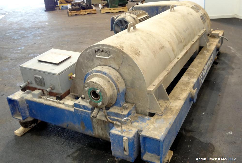 Used Flottweg Z53-4/454 Solid Bowl Horizontal Decanter Centrifuge. 2205 Stainless steel construction (product contact areas), max bowl speed 3250 rpm, single lead conveyor, gearbox, feed pipe, lubric...