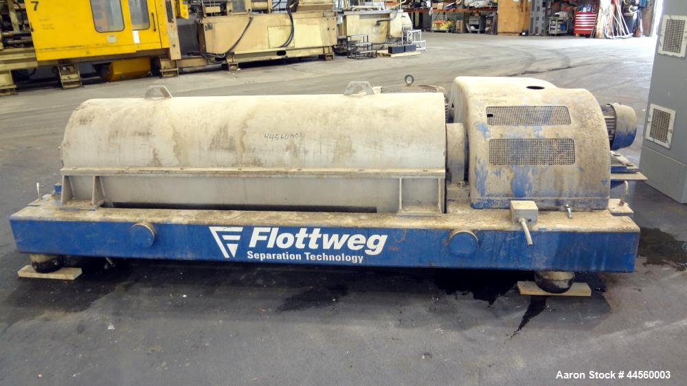 Used Flottweg Z53-4/454 Solid Bowl Horizontal Decanter Centrifuge. 2205 Stainless steel construction (product contact areas), max bowl speed 3250 rpm, single lead conveyor, gearbox, feed pipe, lubric...