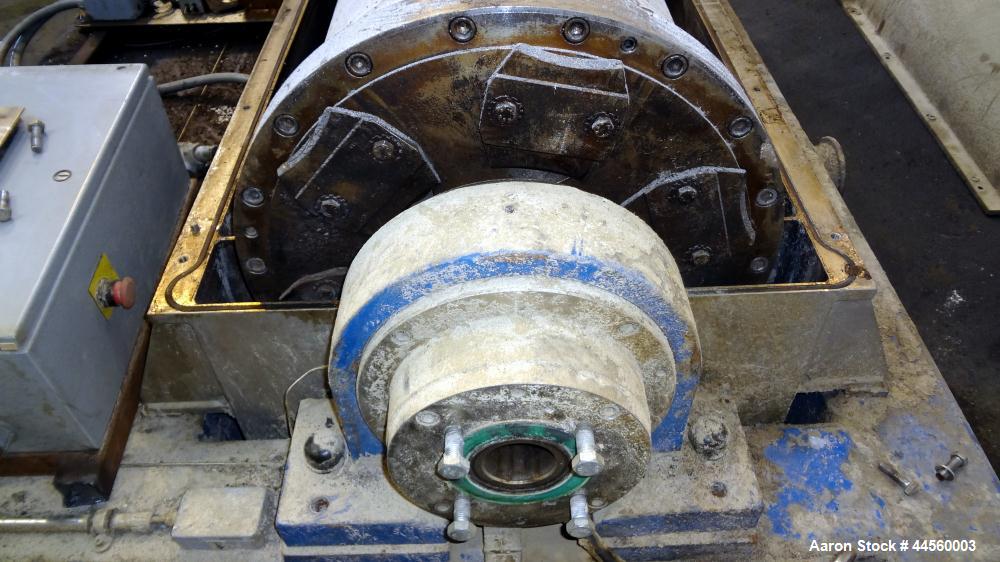 Used Flottweg Z53-4/454 Solid Bowl Horizontal Decanter Centrifuge. 2205 Stainless steel construction (product contact areas), max bowl speed 3250 rpm, single lead conveyor, gearbox, feed pipe, lubric...