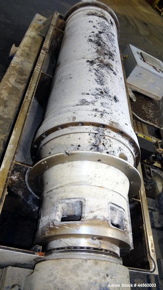 Used Flottweg Z53-4/454 Solid Bowl Horizontal Decanter Centrifuge. 2205 Stainless steel construction (product contact areas), max bowl speed 3250 rpm, single lead conveyor, gearbox, feed pipe, lubric...
