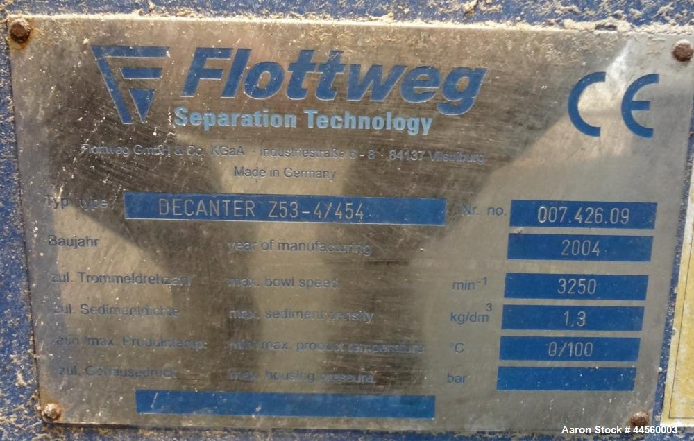 Used Flottweg Z53-4/454 Solid Bowl Horizontal Decanter Centrifuge. 2205 Stainless steel construction (product contact areas), max bowl speed 3250 rpm, single lead conveyor, gearbox, feed pipe, lubric...