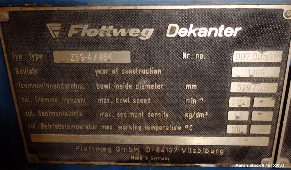Used Flottweg Z53/4-454 OSE Solid Bowl Decanter Centrifuge