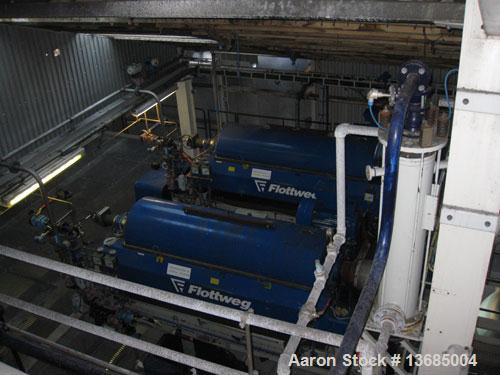 Used Flottweg Z-6E-4/301g Solid Bowl Decanter Centrifuge. Hastelloy construction (product contact areas). Bowl speed 2500 rpm, bowl diameter 24.4" (620 mm), maximum working temperature 212 deg F (100...
