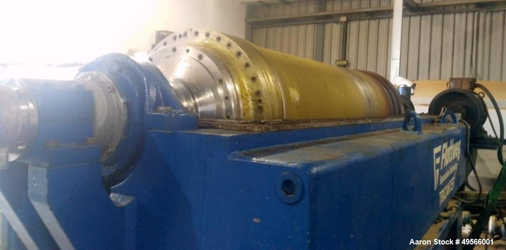 Used Flottweg Z6E-4/444 Tricanter Solid Bowl Decanter Centrifuge. Max bowl speed 3200 rpm, three phase separation (liquid/liquid/solids separation), conveyor, base, casing, feed pipe, grease lubricat...