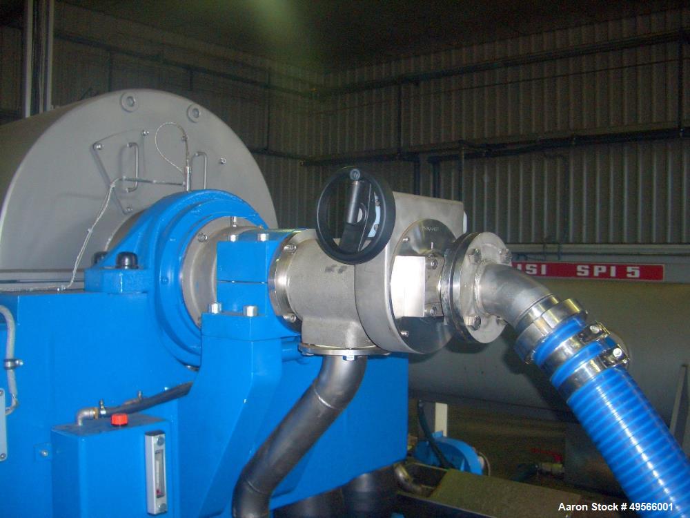 Used Flottweg Z6E-4/444 Tricanter Solid Bowl Decanter Centrifuge. Max bowl speed 3200 rpm, three phase separation (liquid/liquid/solids separation), conveyor, base, casing, feed pipe, grease lubricat...