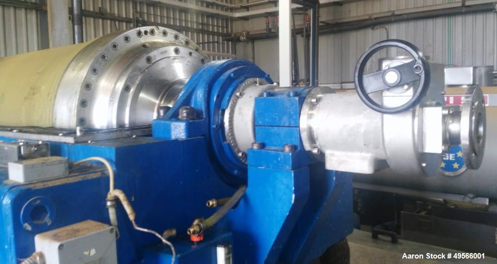 Used Flottweg Z6E-4/444 Tricanter Solid Bowl Decanter Centrifuge. Max bowl speed 3200 rpm, three phase separation (liquid/liquid/solids separation), conveyor, base, casing, feed pipe, grease lubricat...