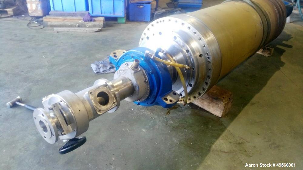 Used Flottweg Z6E-4/444 Tricanter Solid Bowl Decanter Centrifuge. Max bowl speed 3200 rpm, three phase separation (liquid/liquid/solids separation), conveyor, base, casing, feed pipe, grease lubricat...