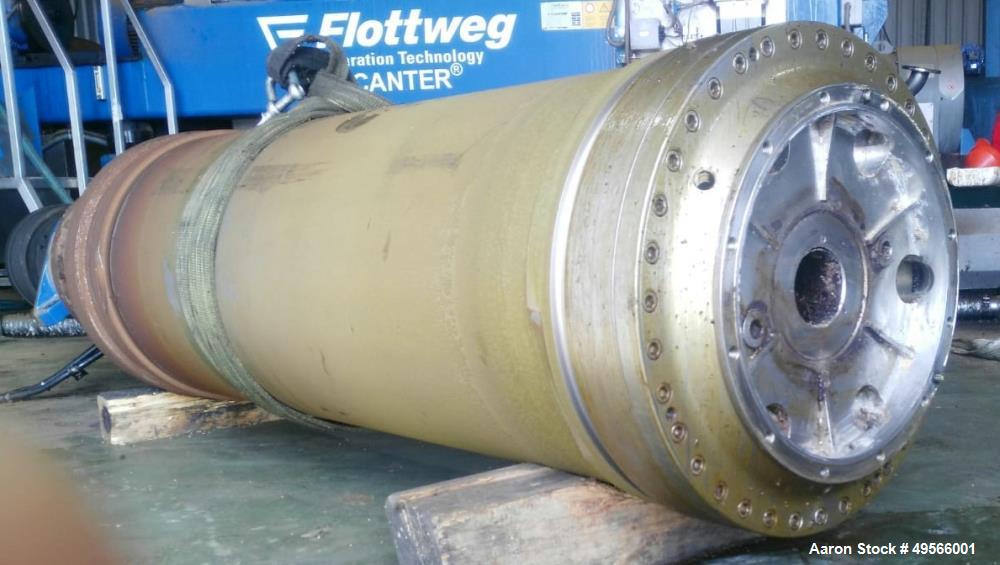 Used Flottweg Z6E-4/444 Tricanter Solid Bowl Decanter Centrifuge. Max bowl speed 3200 rpm, three phase separation (liquid/liquid/solids separation), conveyor, base, casing, feed pipe, grease lubricat...
