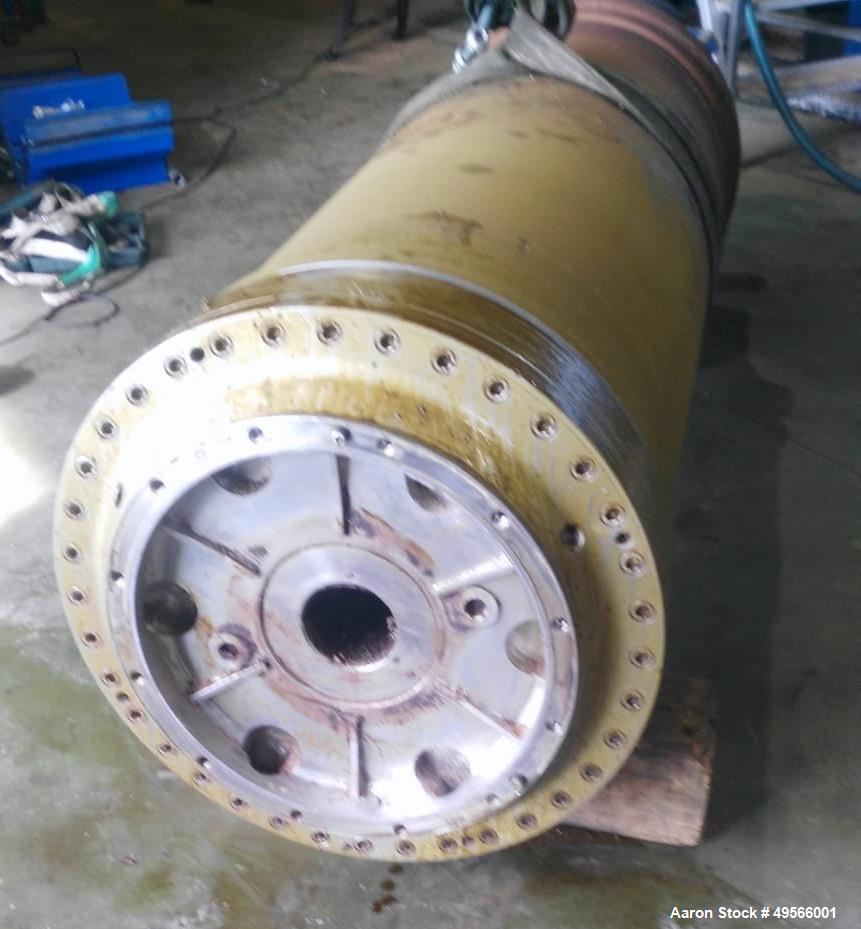 Used Flottweg Z6E-4/444 Tricanter Solid Bowl Decanter Centrifuge. Max bowl speed 3200 rpm, three phase separation (liquid/liquid/solids separation), conveyor, base, casing, feed pipe, grease lubricat...