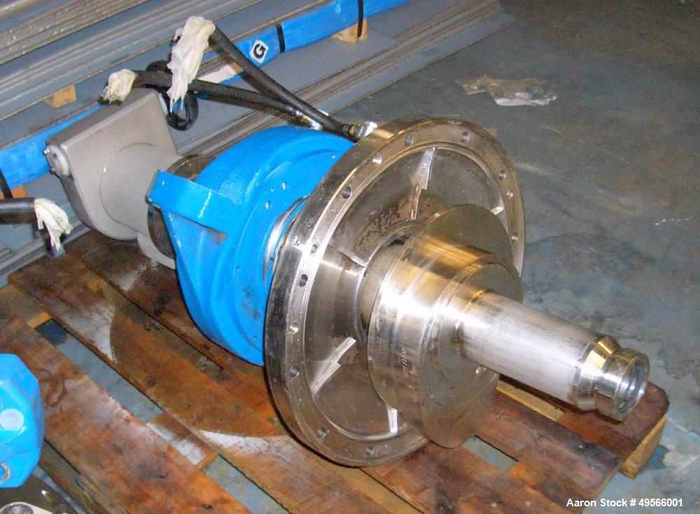 Used Flottweg Z6E-4/444 Tricanter Solid Bowl Decanter Centrifuge. Max bowl speed 3200 rpm, three phase separation (liquid/liquid/solids separation), conveyor, base, casing, feed pipe, grease lubricat...
