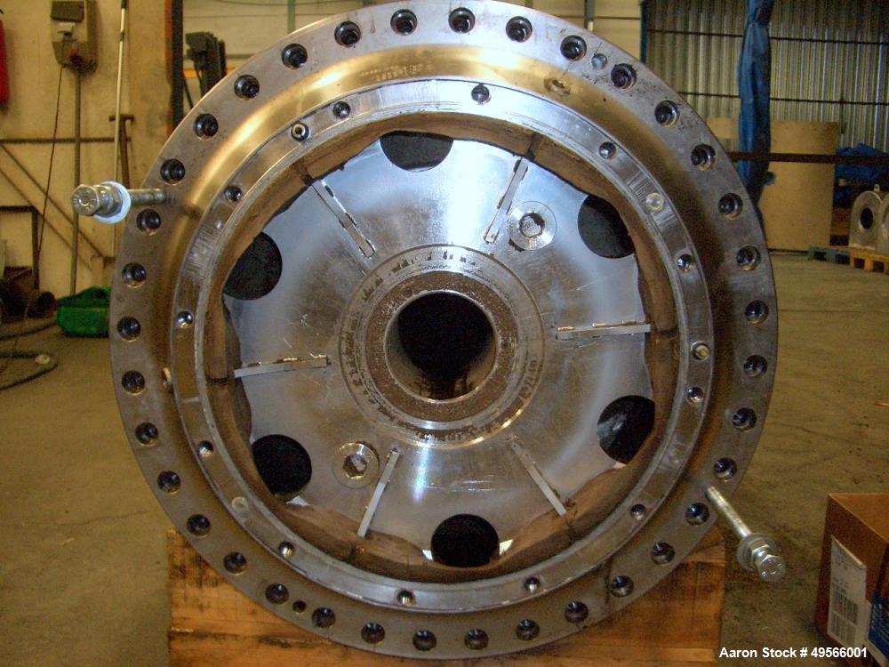Used Flottweg Z6E-4/444 Tricanter Solid Bowl Decanter Centrifuge. Max bowl speed 3200 rpm, three phase separation (liquid/liquid/solids separation), conveyor, base, casing, feed pipe, grease lubricat...