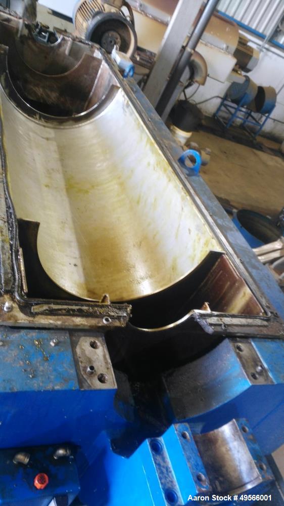 Used Flottweg Z6E-4/444 Tricanter Solid Bowl Decanter Centrifuge. Max bowl speed 3200 rpm, three phase separation (liquid/liquid/solids separation), conveyor, base, casing, feed pipe, grease lubricat...