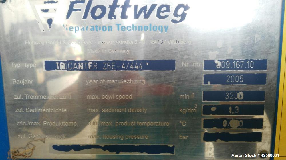 Used Flottweg Z6E-4/444 Tricanter Solid Bowl Decanter Centrifuge. Max bowl speed 3200 rpm, three phase separation (liquid/liquid/solids separation), conveyor, base, casing, feed pipe, grease lubricat...