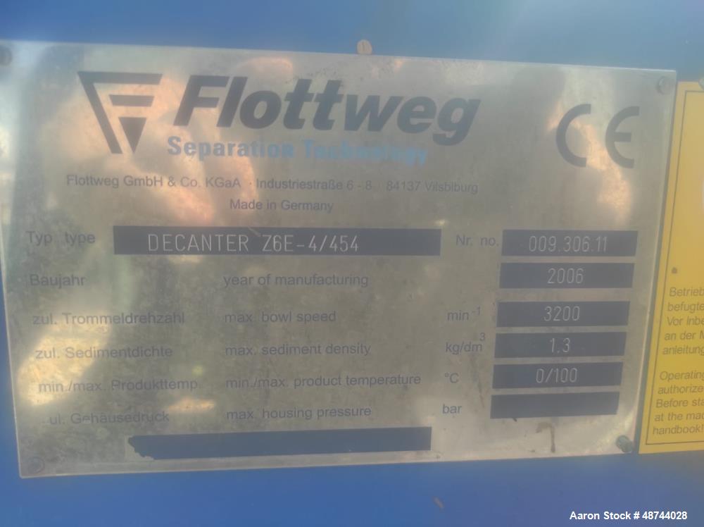 Used Flottweg Z6E-4/454 Solid Bowl Decanter Centrifuge