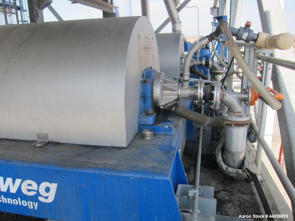 Used Flottweg Z73-4/454 DDGS Simp 4.12. Solid Bowl Horizontal Decanter Centrifuge. 316 Stainless steel construction (product contact areas), rated for 65-gpm of liquid and 37,829 lb/hr solids flow at...