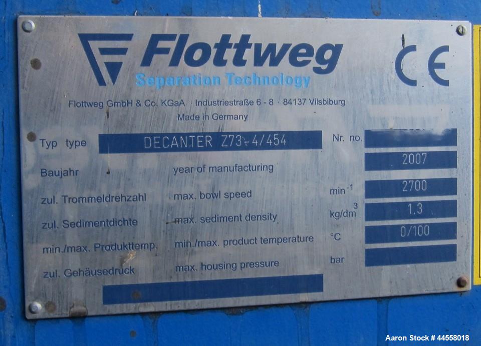 Used Flottweg Z73-4/454 DDGS Simp 4.12. Solid Bowl Horizontal Decanter Centrifuge. 316 Stainless steel construction (product contact areas), rated for 65-gpm of liquid and 37,829 lb/hr solids flow at...