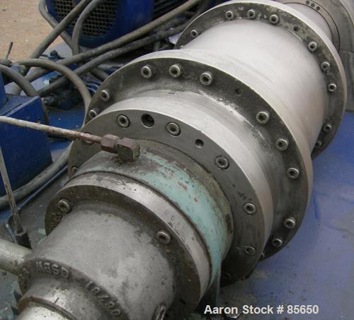 USED: Flottweg solid bowl horizontal decanter centrifuge, model ZL1, 319 stainless steel. Approximate 9" bowl diameter, 6000 bowl rpm, max density 5G/CM3, temp range 90 deg C. Approximate 3" hard fac...