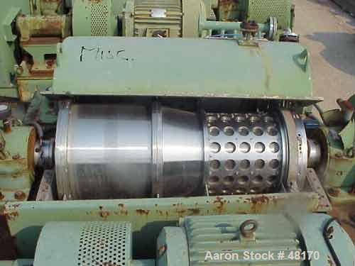Used Humboldt-Wedeg VS-450 x 1000 Screen Bowl Decanter Centrifuge, 304 Stainless Steel Construction. Bowl dimensions 18" x 42". Maximum bowl speed 2900 rpm (2100 x "G"), 13 degree contour bowl design...