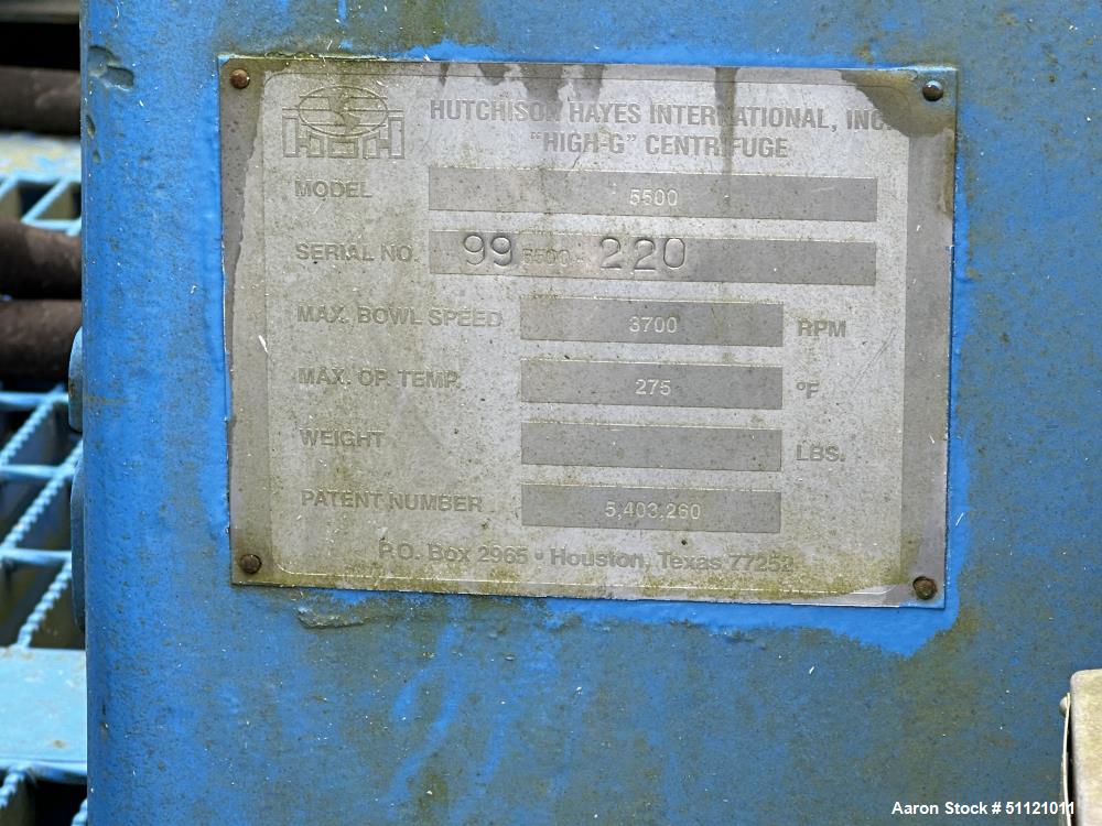 Used Hutchinson Hayes High-G Centrifuge, Model 5500 | 3700 RPM | 275°F Max Temp | Control Panel | Carbon Steel Frame Mount | Serial# 995500-220
