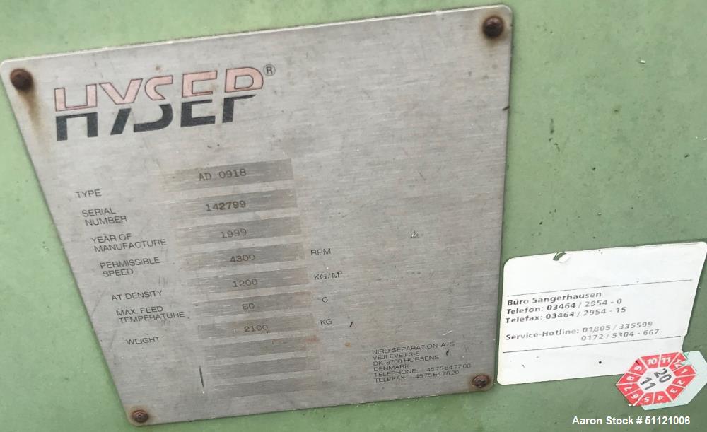 Used Hysep High Speed Decanter Centrifuge, Model AD0918