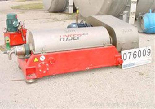 USED: Hysep MD43x2 solid bowl decanter centrifuge, Duplex 2205 stainless steel construction on product contact areas. Max bowl speed 3800 rpm, 3" pitch single lead conveyor with sintered tungsten car...