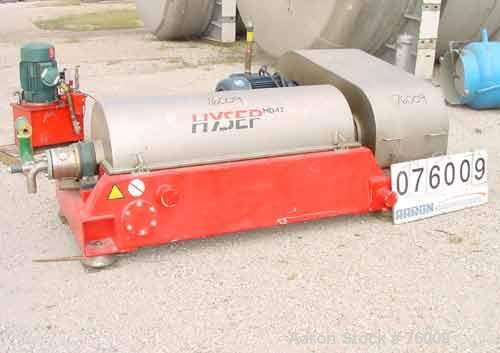 USED: Hysep MD43x2 solid bowl decanter centrifuge, Duplex 2205 stainless steel construction on product contact areas. Max bowl speed 3800 rpm, 3" pitch single lead conveyor with sintered tungsten car...