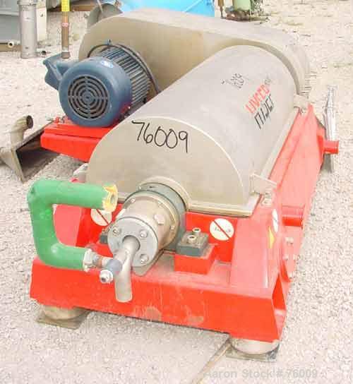 USED: Hysep MD43x2 solid bowl decanter centrifuge, Duplex 2205 stainless steel construction on product contact areas. Max bowl speed 3800 rpm, 3" pitch single lead conveyor with sintered tungsten car...
