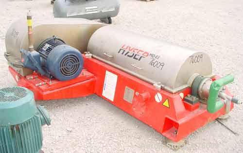 USED: Hysep MD43x2 solid bowl decanter centrifuge, Duplex 2205 stainless steel construction on product contact areas. Max bowl speed 3800 rpm, 3" pitch single lead conveyor with sintered tungsten car...