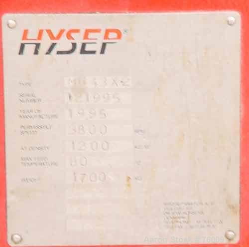 USED: Hysep MD43x2 solid bowl decanter centrifuge, Duplex 2205 stainless steel construction on product contact areas. Max bowl speed 3800 rpm, 3" pitch single lead conveyor with sintered tungsten car...