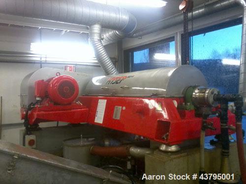 Used Hysep MD 44 C2 Sludge Dewatering Decanter, 3600 rpm bowl speed, capacity 308.6 lbs (140 kg) dry solids per hour, 220/380 volt, 34.5/20 amp, 13.3 hp/10 kW, 50 hz, 1430 rpm, with manual.
