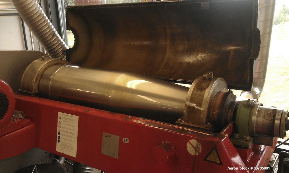 Used Hysep MD 44 C2 Sludge Dewatering Decanter, 3600 rpm bowl speed, capacity 308.6 lbs (140 kg) dry solids per hour, 220/380 volt, 34.5/20 amp, 13.3 hp/10 kW, 50 hz, 1430 rpm, with manual.