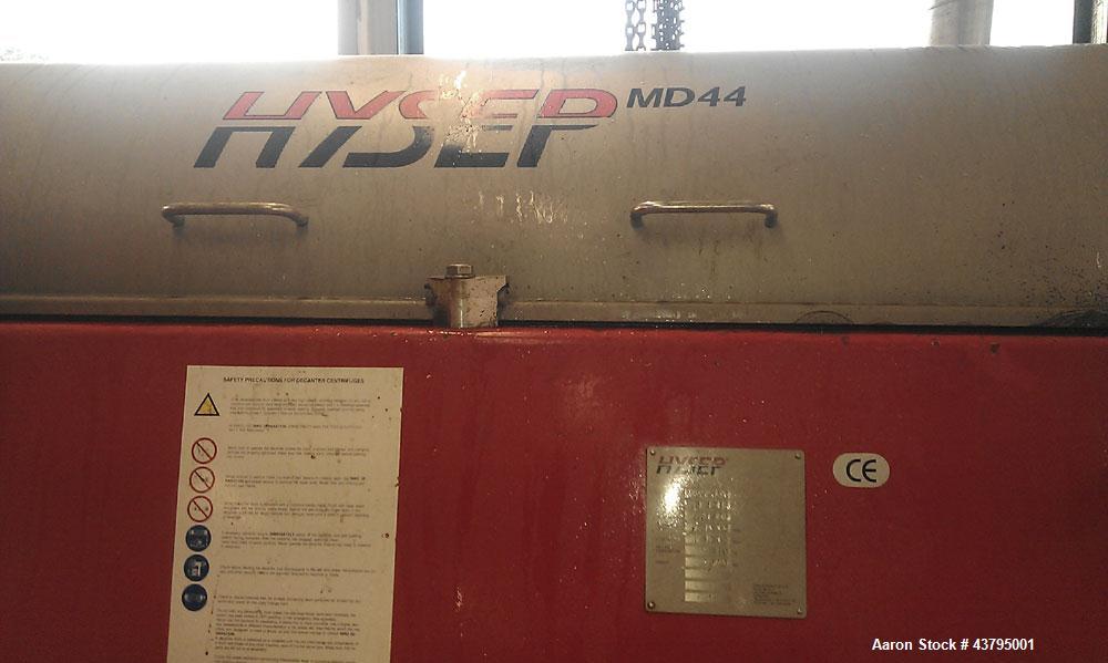 Used Hysep MD 44 C2 Sludge Dewatering Decanter, 3600 rpm bowl speed, capacity 308.6 lbs (140 kg) dry solids per hour, 220/380 volt, 34.5/20 amp, 13.3 hp/10 kW, 50 hz, 1430 rpm, with manual.