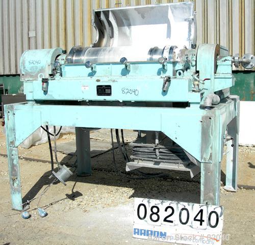 USED: IHI HS-325FS solid bowl decanter centrifuge, stainless steel construction on product contact areas. 12.7" diameter x 42.9" straight side (325mm x 1100mm) bowl, 6" pitch double lead hardfaced co...