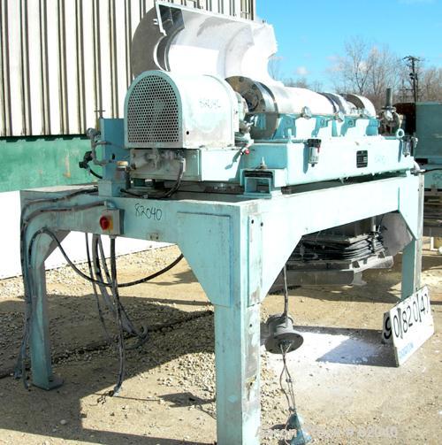USED: IHI HS-325FS solid bowl decanter centrifuge, stainless steel construction on product contact areas. 12.7" diameter x 42.9" straight side (325mm x 1100mm) bowl, 6" pitch double lead hardfaced co...