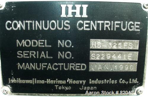 USED: IHI HS-325FS solid bowl decanter centrifuge, stainless steel construction on product contact areas. 12.7" diameter x 42.9" straight side (325mm x 1100mm) bowl, 6" pitch double lead hardfaced co...