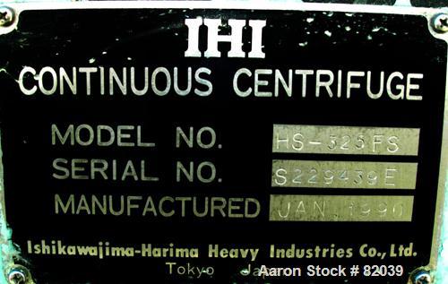 USED: IHI HS-325FS Solid Bowl Decanter Centrifuge, stainless steel construction on product contact areas. 12.7" diameter x 42.9" straight side (325mm x 1100mm) bowl, 2.5" single lead hardfaced convey...
