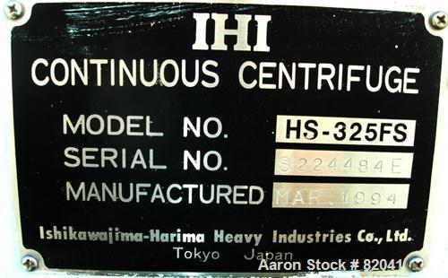 USED: IHI HS-325FS Solid Bowl Decanter Centrifuge, stainless steel construction on product contact areas. 12.7" diameter x 42.9" straight side (325mm x 1100mm) bowl, 2.5" single lead hardfaced convey...