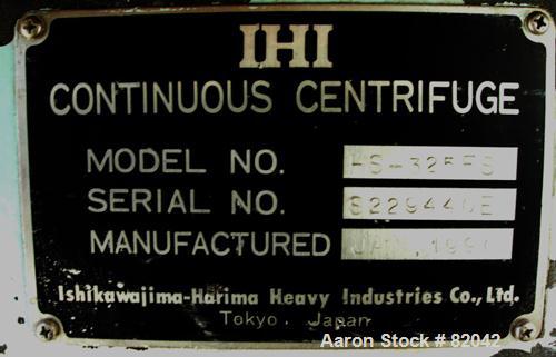USED: IHI HS-325FS Solid Bowl Decanter Centrifuge, stainless steel construction on product contact areas. 12.7" diameter x 42.9" straight side (325mm x 1100mm) bowl, 2.5" single leadhardfaced conveyo...